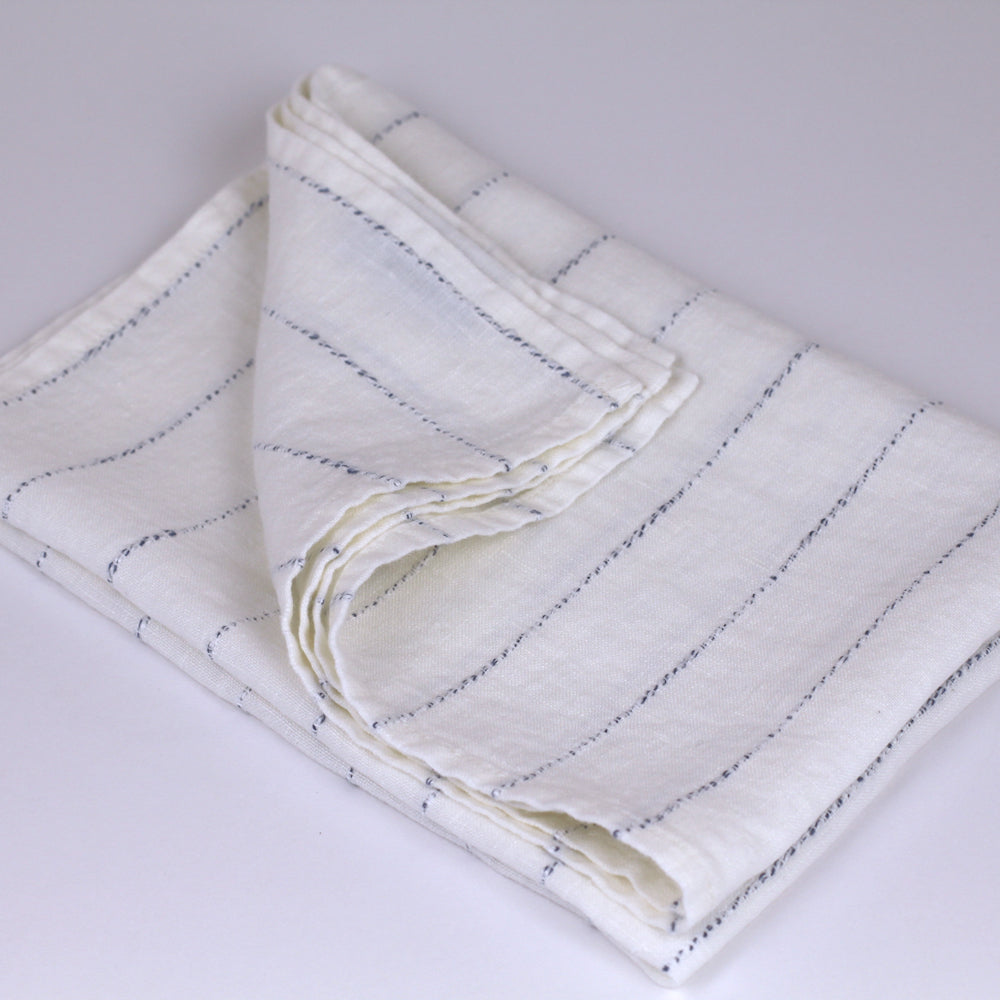 Linen Hand Towel - Stonewashed - White with Twisted Blue Yarn Stripes  - Medium Thick Linen