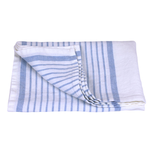 Linen Hand Towel - Stonewashed - White with Light Blue Stripes 2 - Luxury Thick Linen
