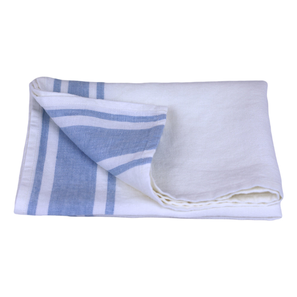 Linen Hand Towel - Stonewashed - White with Light Blue Stripes - Luxury Thick Linen