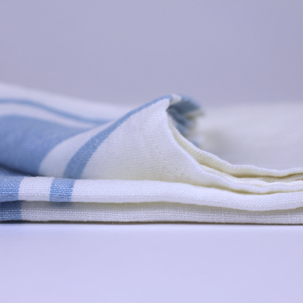 Linen Hand Towel - Stonewashed - White with Light Blue Stripes - Luxury Thick Linen