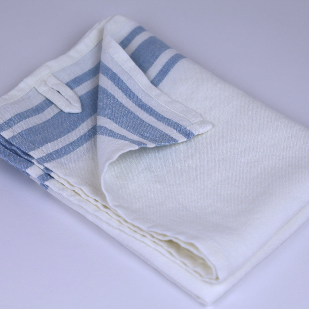 Linen Hand Towel - Stonewashed - White with Light Blue Stripes - Luxury Thick Linen