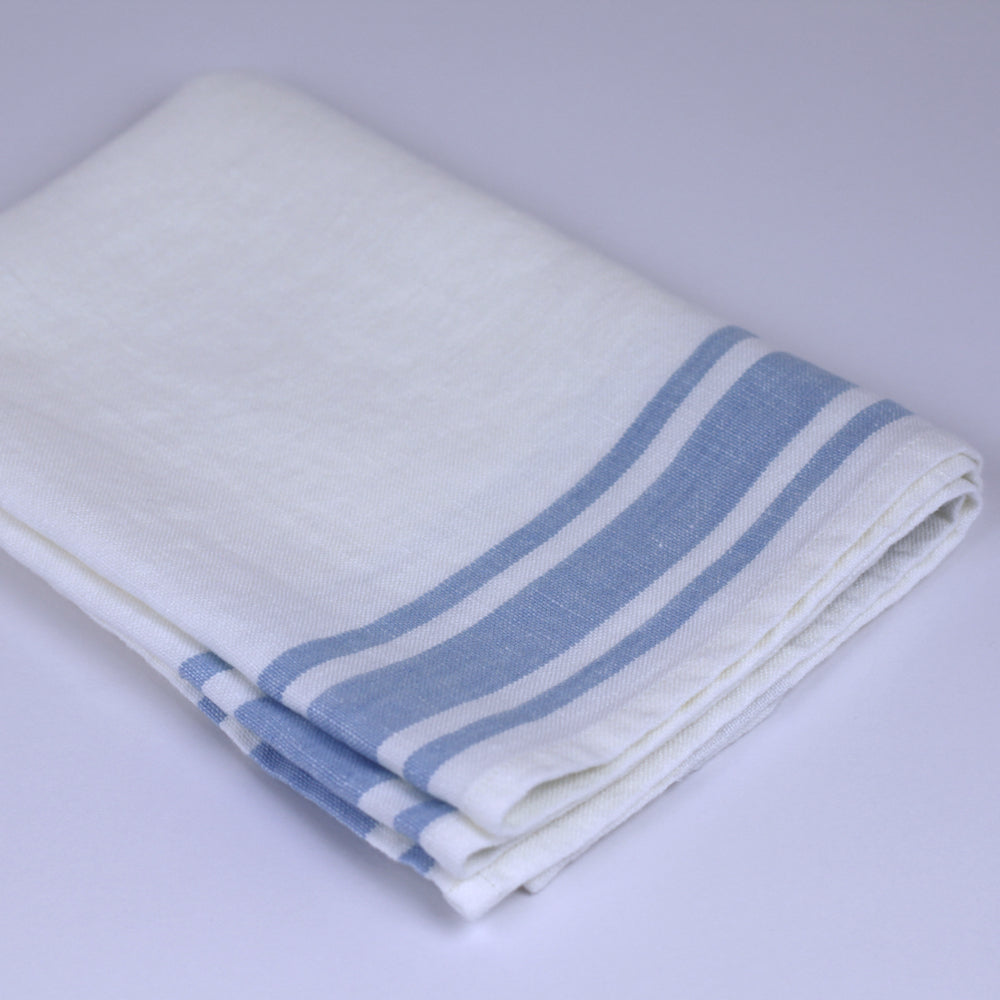 Linen Hand Towel - Stonewashed - White with Light Blue Stripes - Luxury Thick Linen