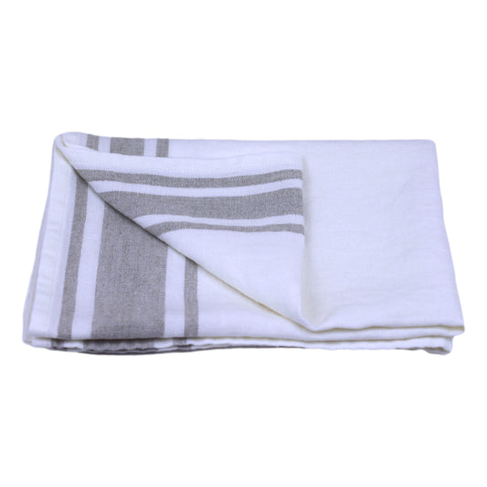 Linen Hand Towel - Stonewashed - White with Light Natural Stripes - Luxury Thick Linen