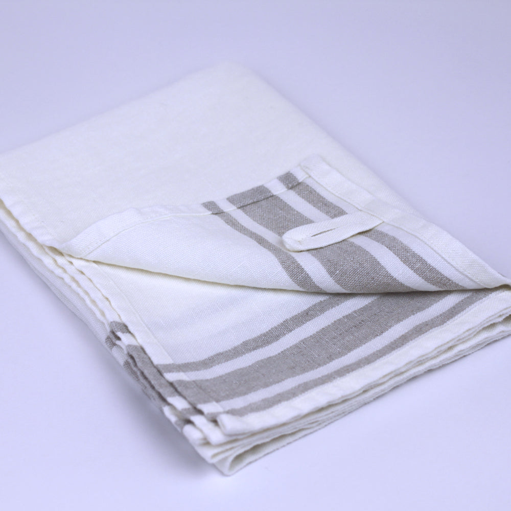 Linen Hand Towel - Stonewashed - White with Light Natural Stripes - Luxury Thick Linen