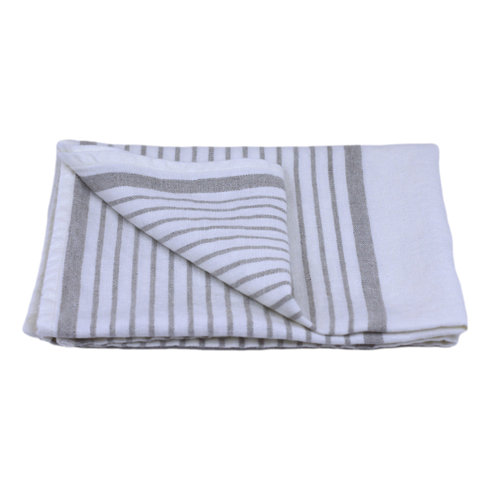 Linen Hand Towel - Stonewashed - White with Light Natural Stripes 2 - Luxury Thick Linen