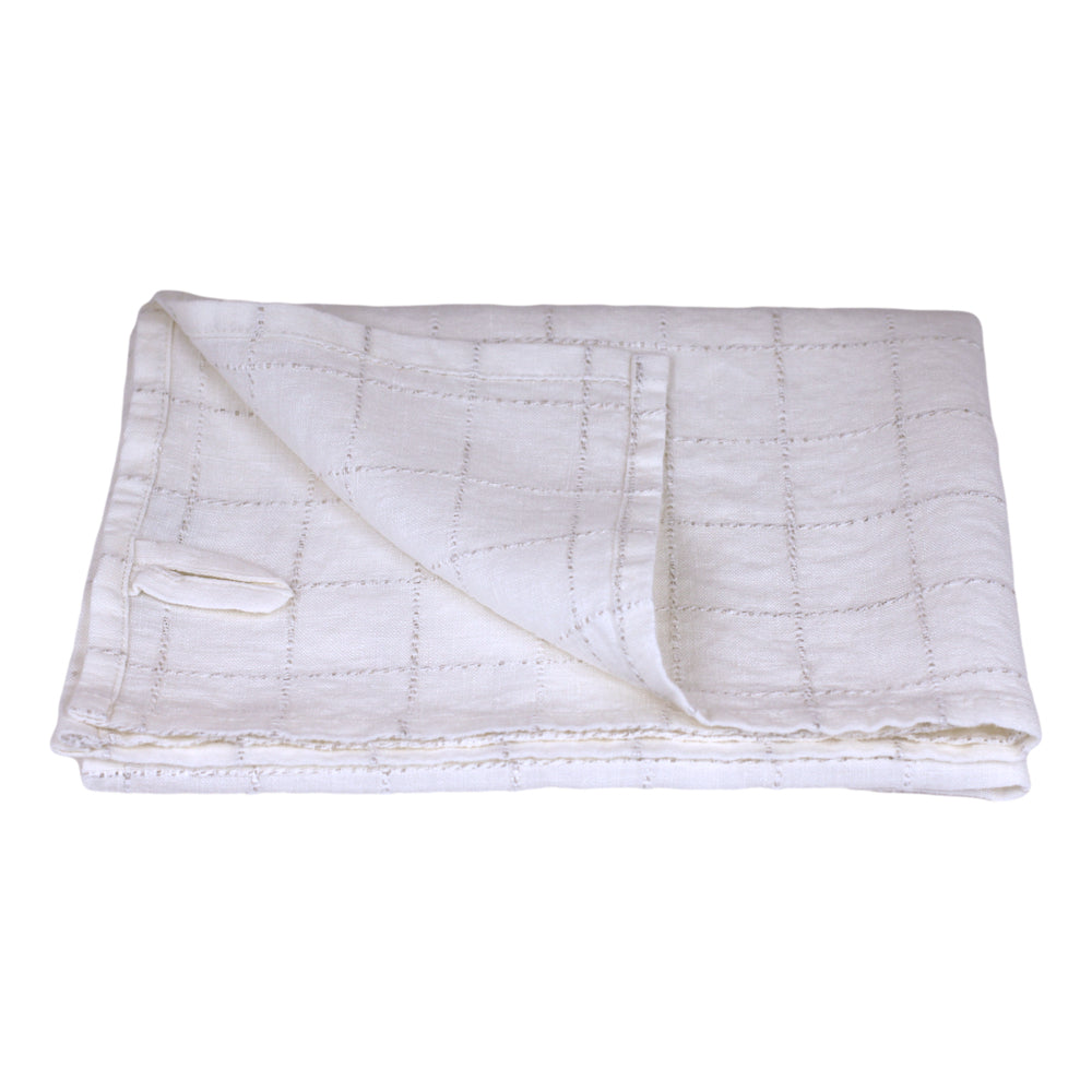 Linen Hand Towel - Stonewashed - White with Twisted Natural Yarn Squares - Medium Thick Linen