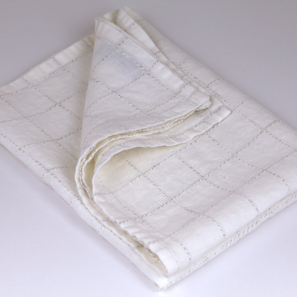 Linen Hand Towel - Stonewashed - White with Twisted Natural Yarn Squares - Medium Thick Linen