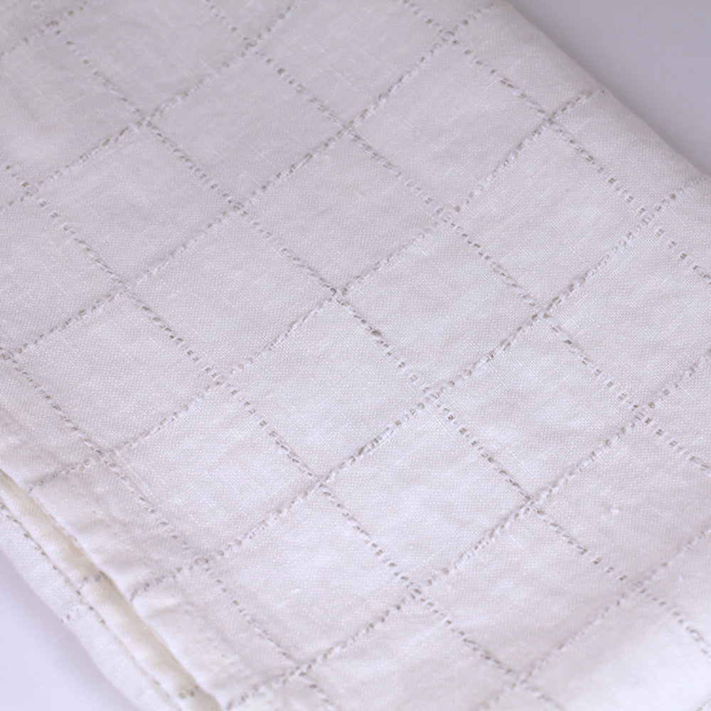 Linen Hand Towel - Stonewashed - White with Twisted Natural Yarn Squares - Medium Thick Linen