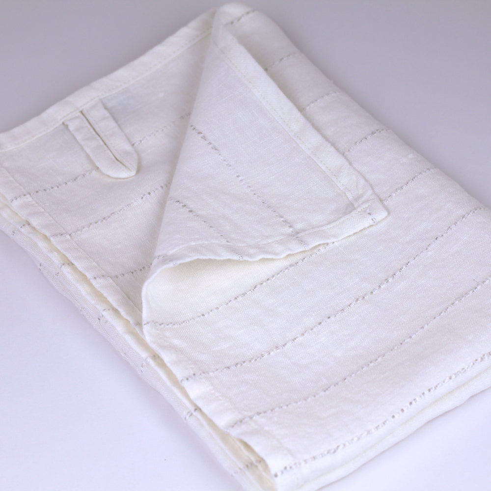 Linen Hand Towel - Stonewashed - White with Twisted Natural Yarn Stripes - Medium Thick Linen