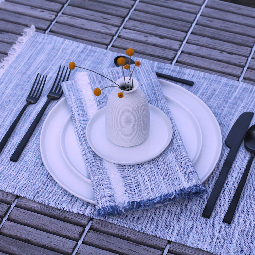 Linen Napkin - Stonewashed - Blue White Print Yarn with Frayed Edges - Luxury Thick Linen