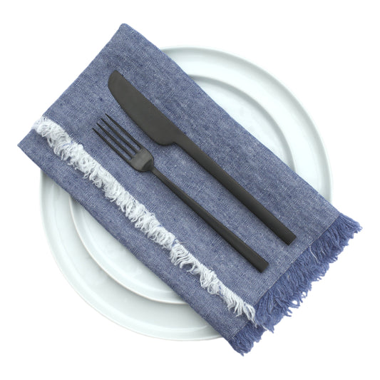 Linen Napkin - Stonewashed - Blue with Frayed Edges - Luxury Thick Linen