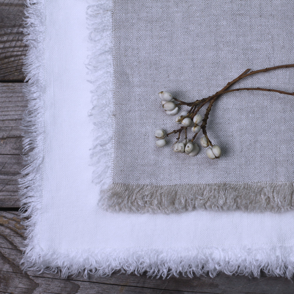 Linen Napkin - Stonewashed - White with Frayed Edges - Luxury Thick Linen