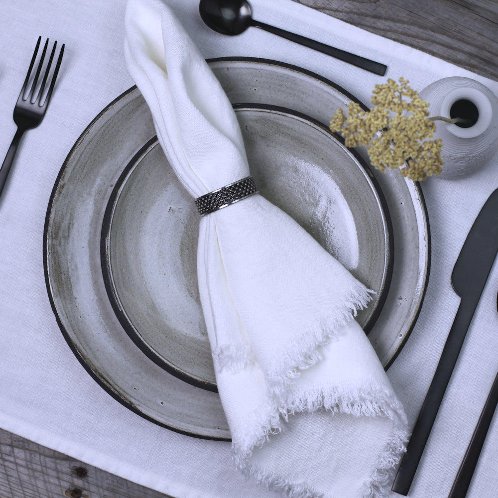 Linen Napkin - Stonewashed - White with Frayed Edges - Luxury Thick Linen