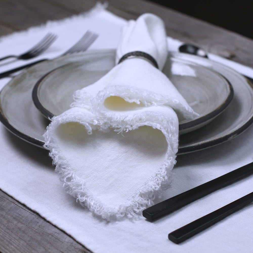 Linen Napkin - Stonewashed - White with Frayed Edges - Luxury Thick Linen