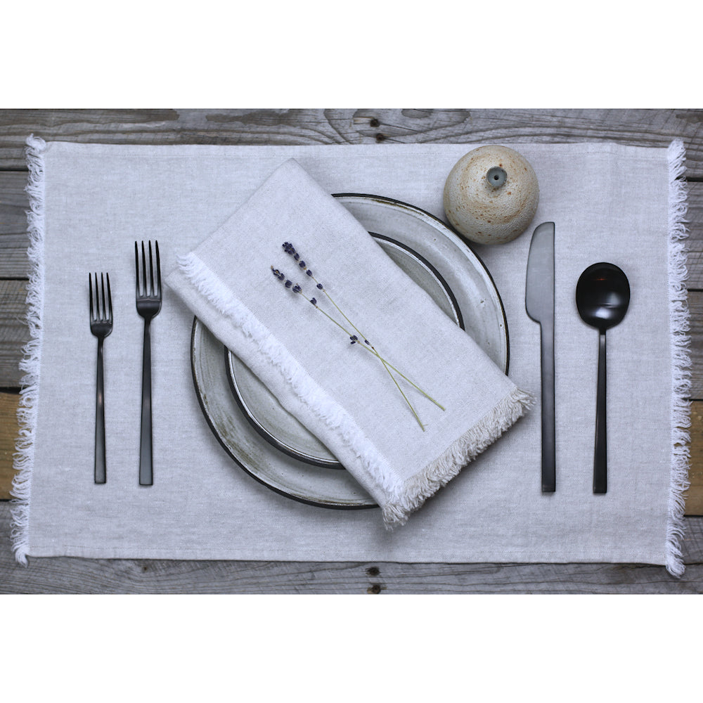 Linen Placemat - Stonewashed - Light Natural with Frayed Edges - Luxury Thick Linen