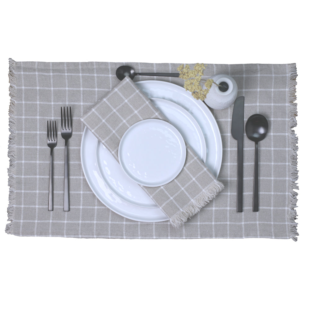 Linen Placemat - Stonewashed - Natural with White Squares and Frayed Edges - Luxury Thick Linen