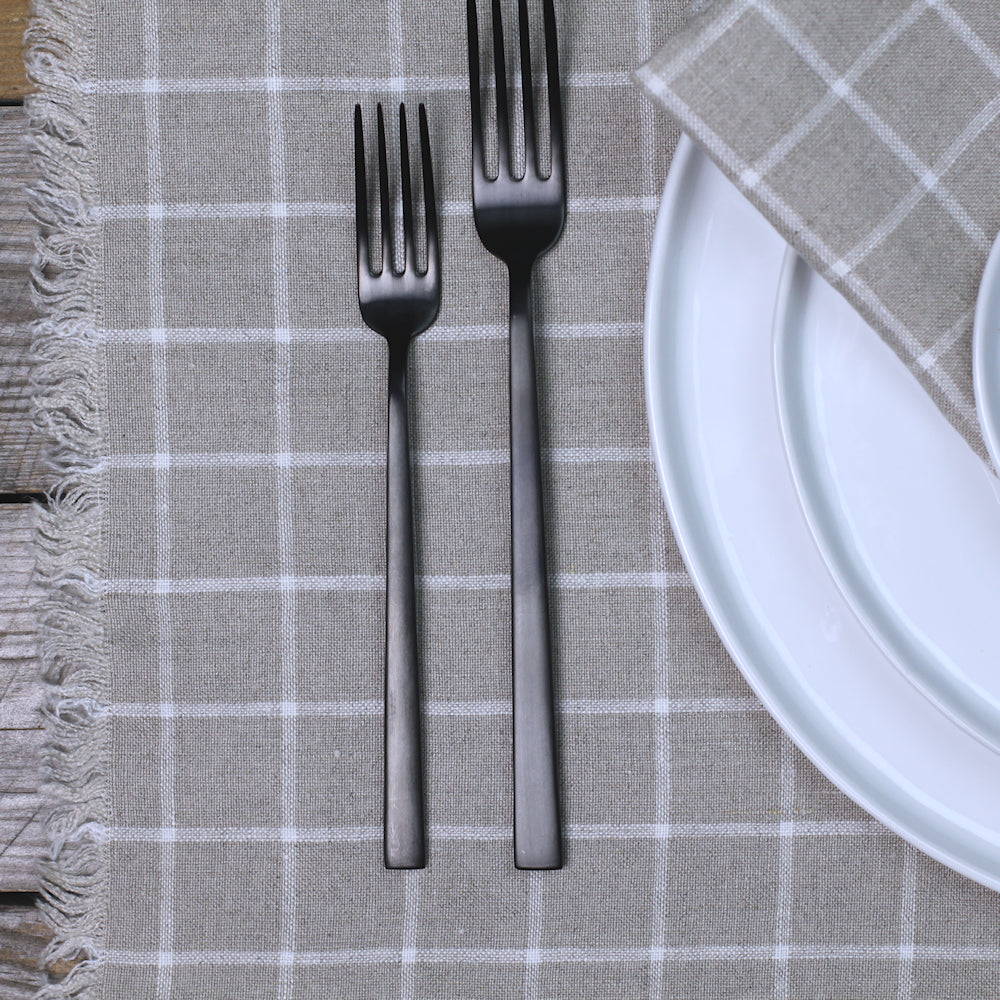 Linen Placemat - Stonewashed - Natural with White Squares and Frayed Edges - Luxury Thick Linen