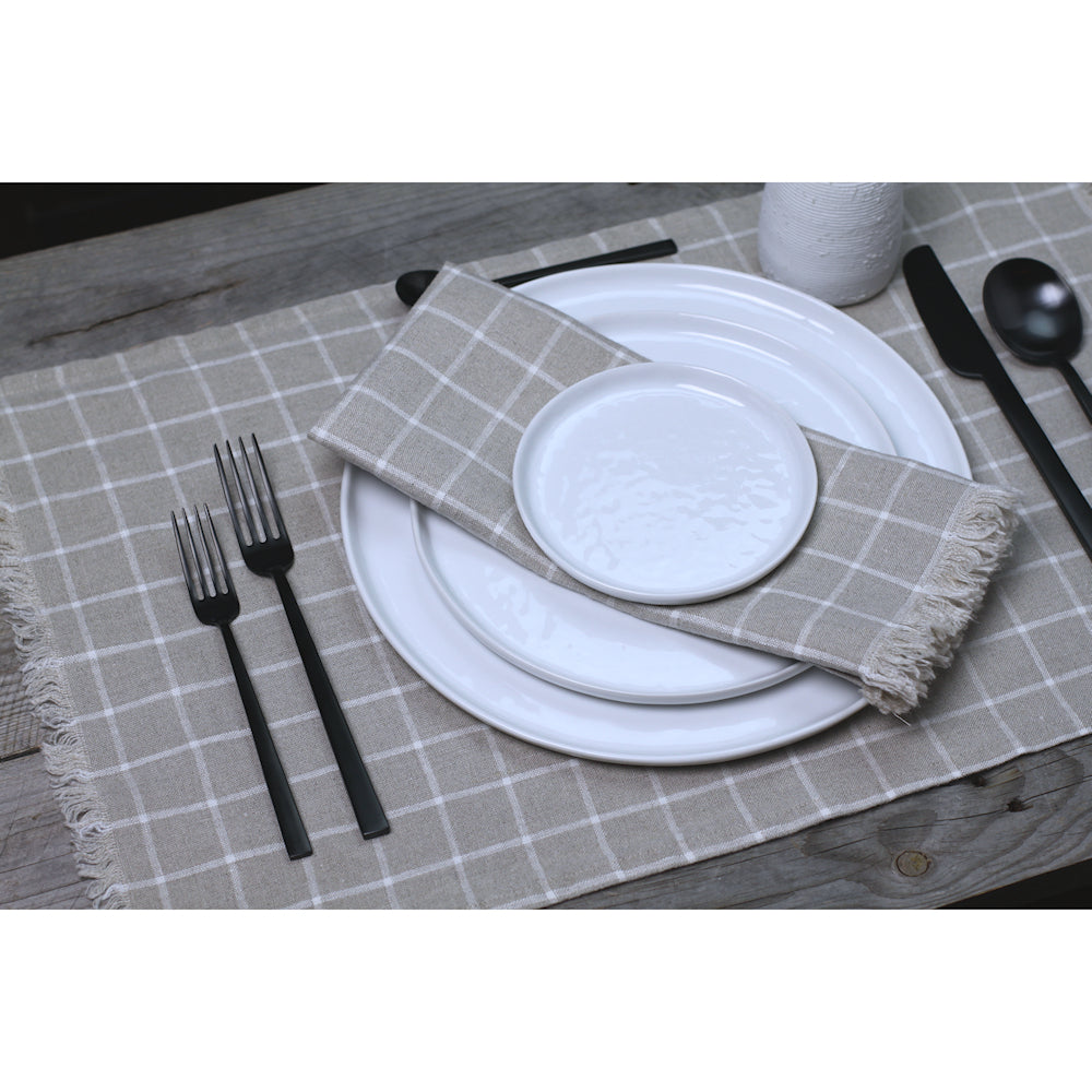 Linen Placemat - Stonewashed - Natural with White Squares and Frayed Edges - Luxury Thick Linen