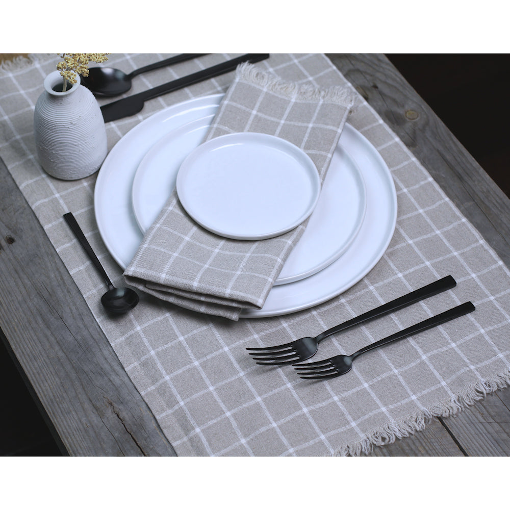 Linen Placemat - Stonewashed - Natural with White Squares and Frayed Edges - Luxury Thick Linen