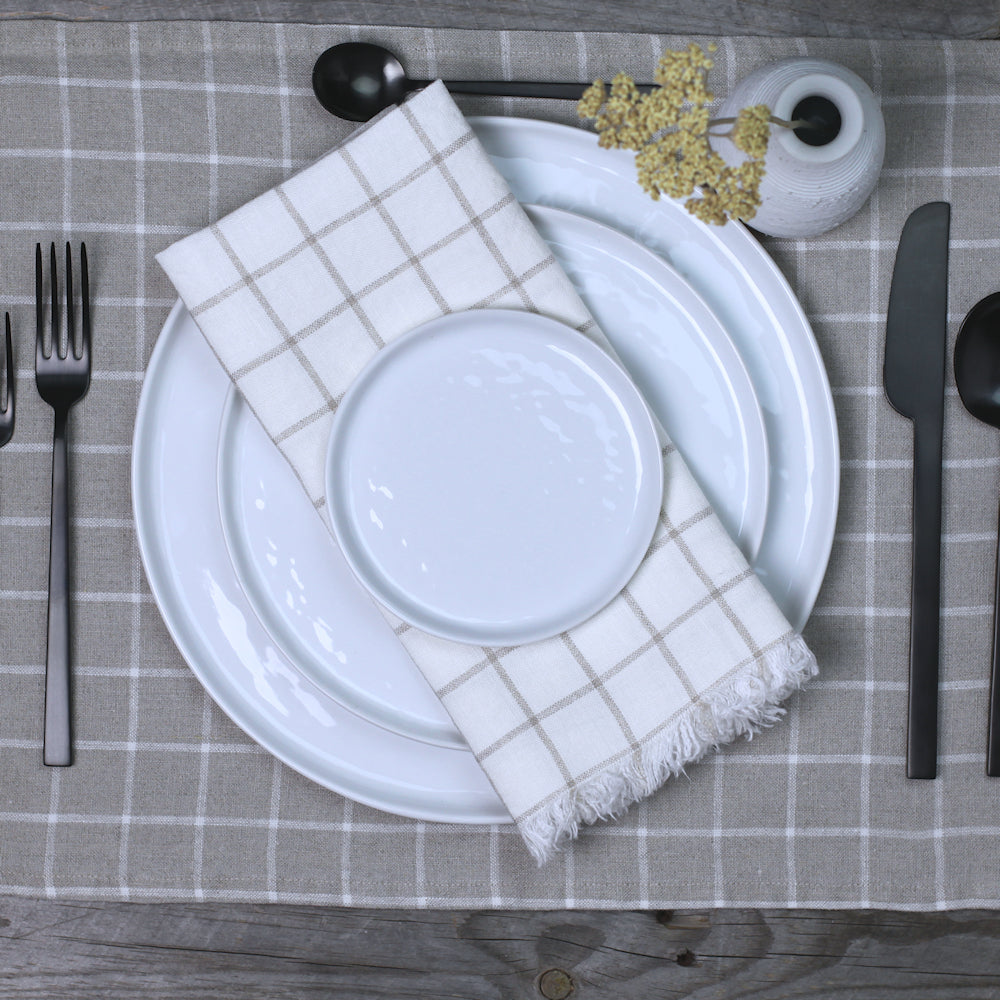 Linen Placemat - Stonewashed - Natural with White Squares and Frayed Edges - Luxury Thick Linen