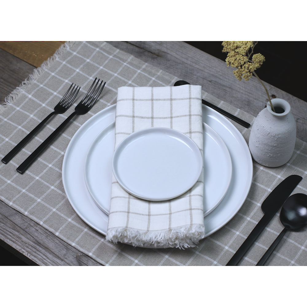 Linen Placemat - Stonewashed - Natural with White Squares and Frayed Edges - Luxury Thick Linen