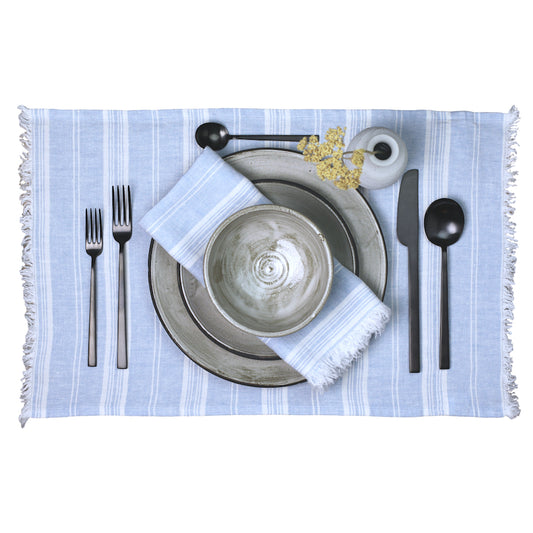 Linen Placemat - Stonewashed - Sky Blue with White Stripes and Frayed Edges - Luxury Thick Linen