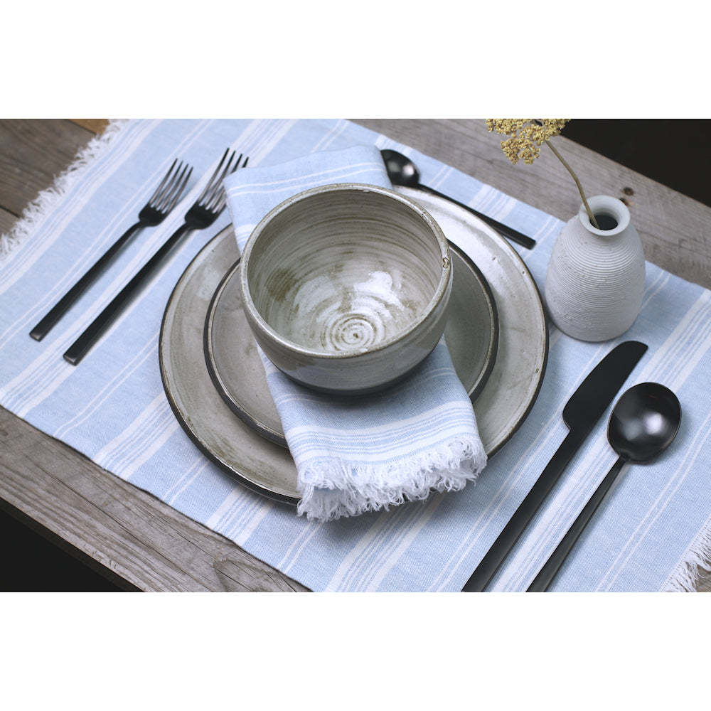 Linen Placemat - Stonewashed - Sky Blue with White Stripes and Frayed Edges - Luxury Thick Linen
