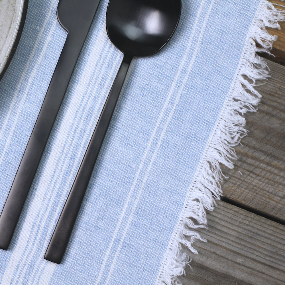 Linen Placemat - Stonewashed - Sky Blue with White Stripes and Frayed Edges - Luxury Thick Linen