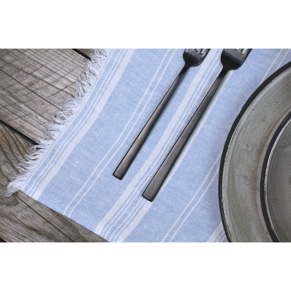 Linen Placemat - Stonewashed - Sky Blue with White Stripes and Frayed Edges - Luxury Thick Linen