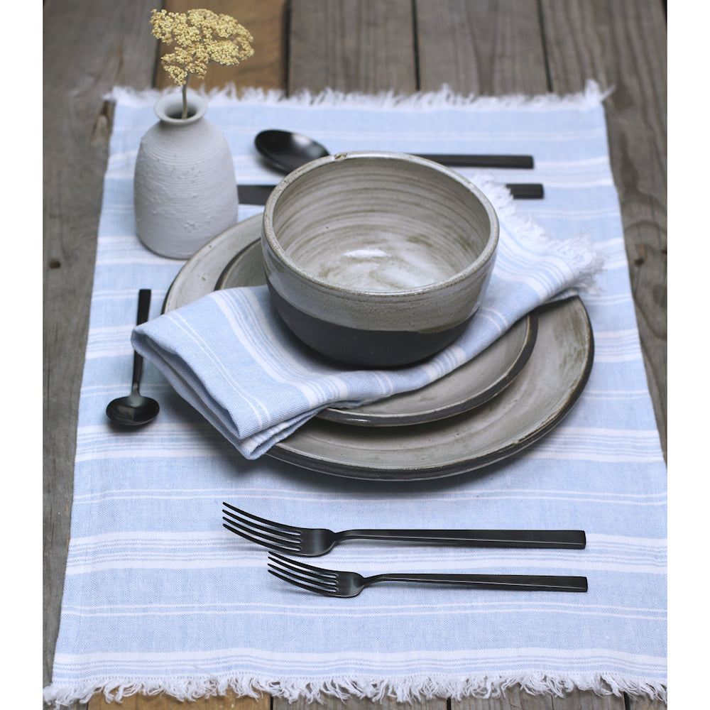 Linen Placemat - Stonewashed - Sky Blue with White Stripes and Frayed Edges - Luxury Thick Linen