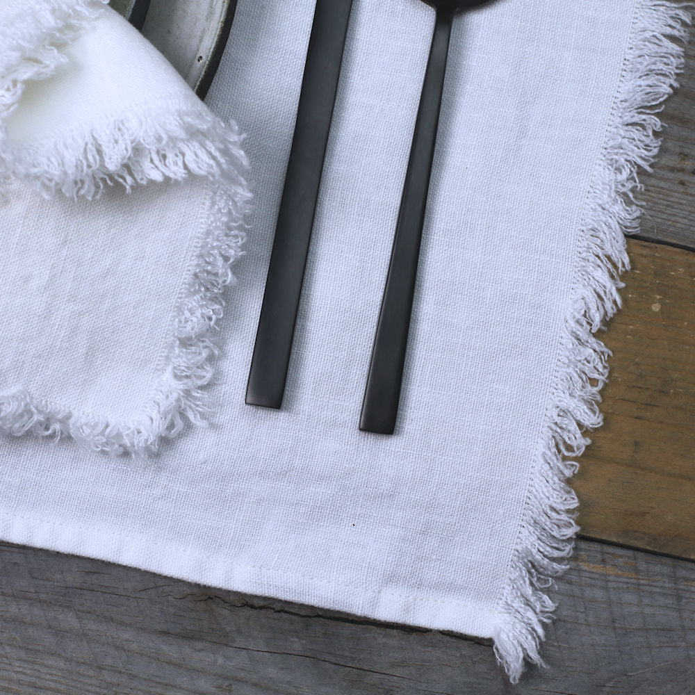 Linen Placemat - Stonewashed - White with Frayed Edges - Luxury Thick Linen