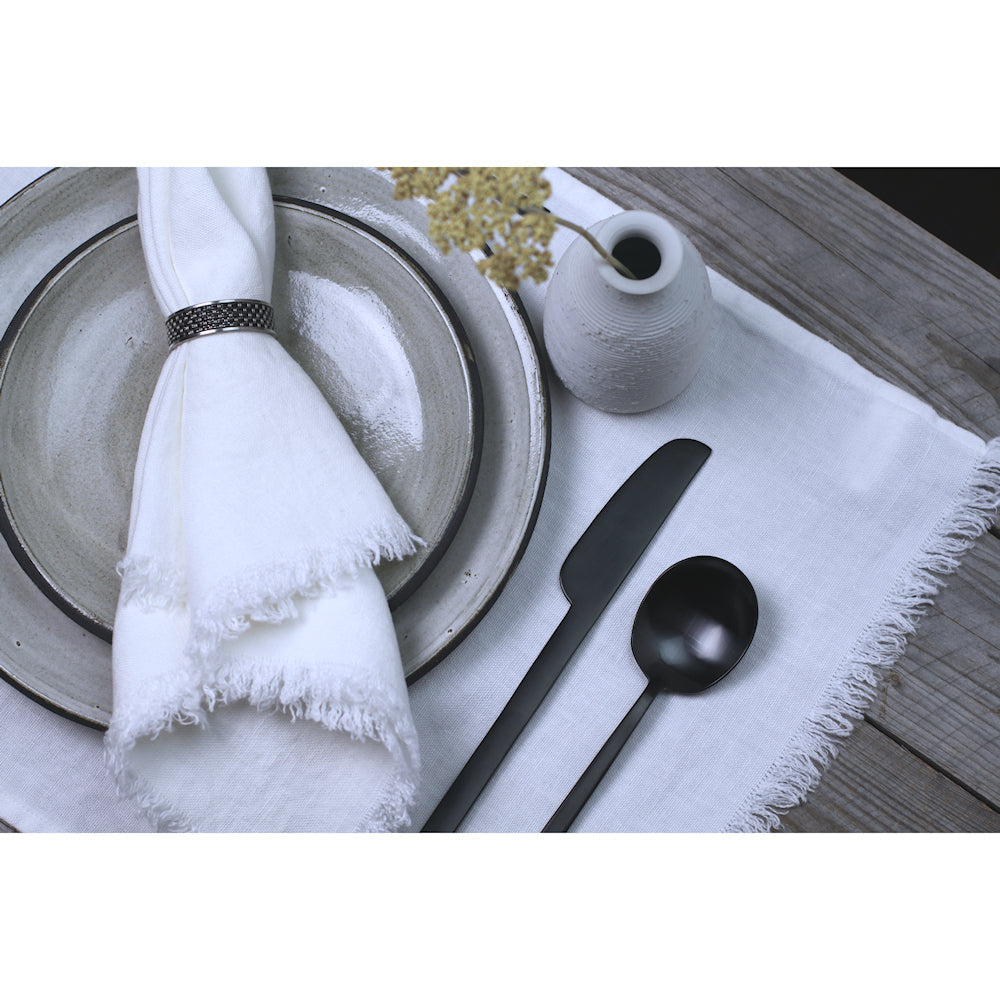 Linen Placemat - Stonewashed - White with Frayed Edges - Luxury Thick Linen
