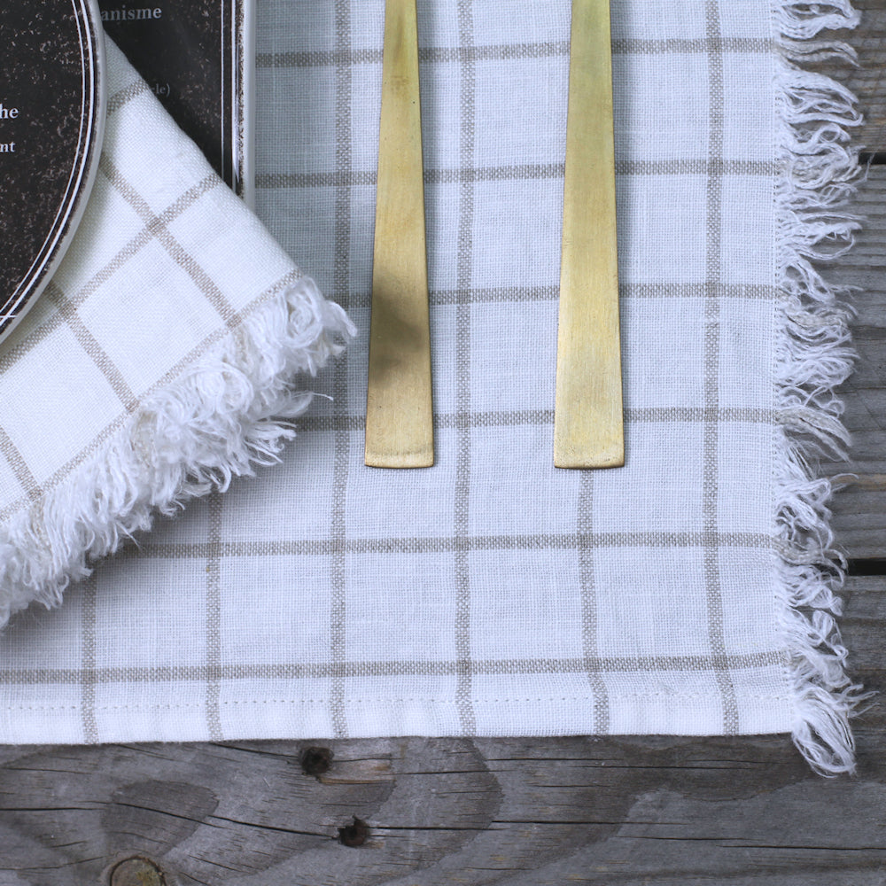 Linen Placemat - Stonewashed - White with Natural Squares and Frayed Edges - Luxury Thick Linen