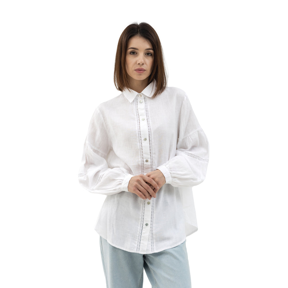 Linen Shirt Poet - White with Lace - Stonewashed - Luxury Thin Linen