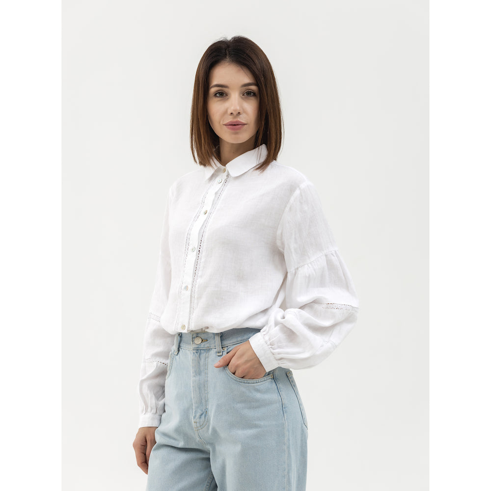 Linen Shirt - White with Lace - Stonewashed - Luxury Thin Linen