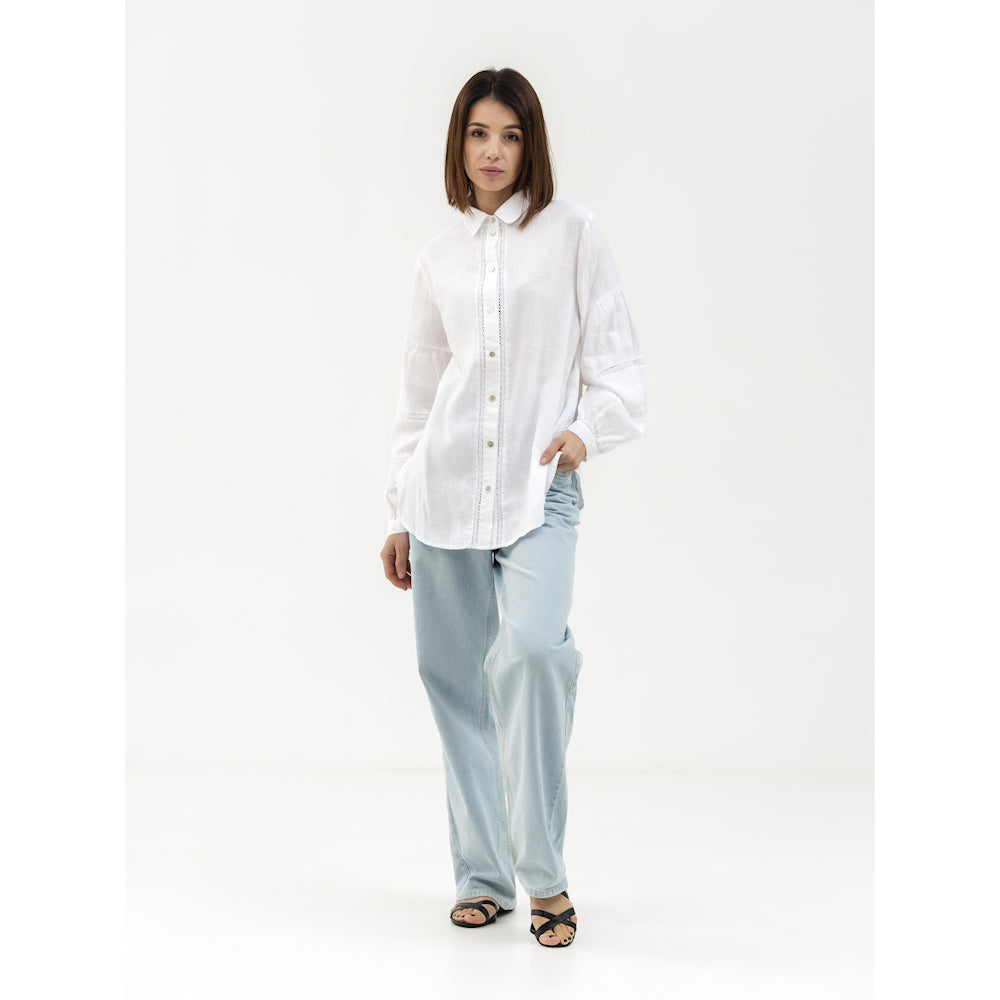 Linen Shirt - White with Lace - Stonewashed - Luxury Thin Linen