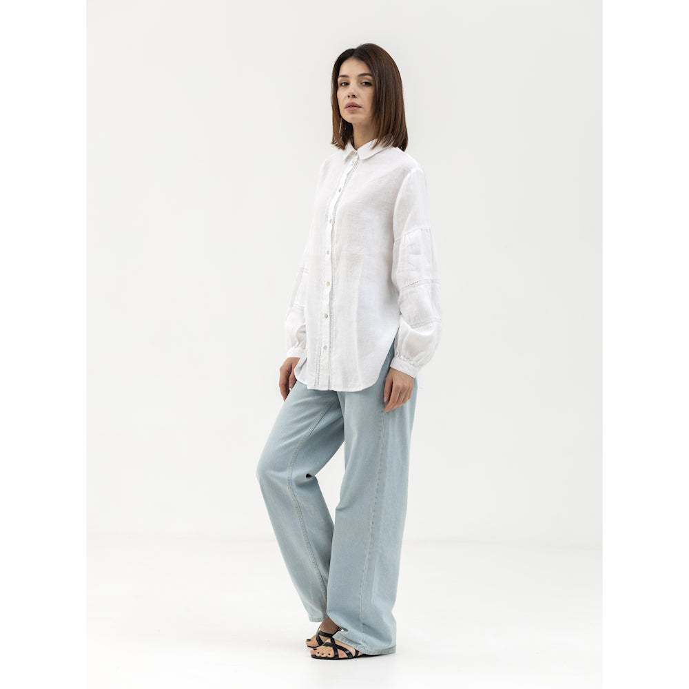 Linen Shirt - White with Lace - Stonewashed - Luxury Thin Linen