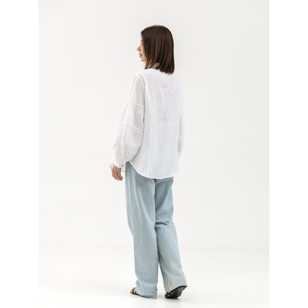 Linen Shirt - White with Lace - Stonewashed - Luxury Thin Linen