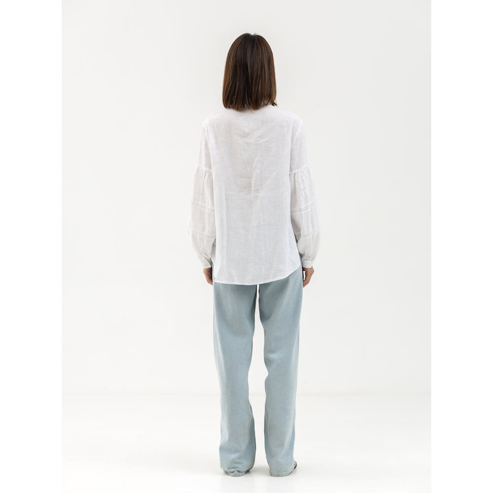 Linen Shirt - White with Lace - Stonewashed - Luxury Thin Linen