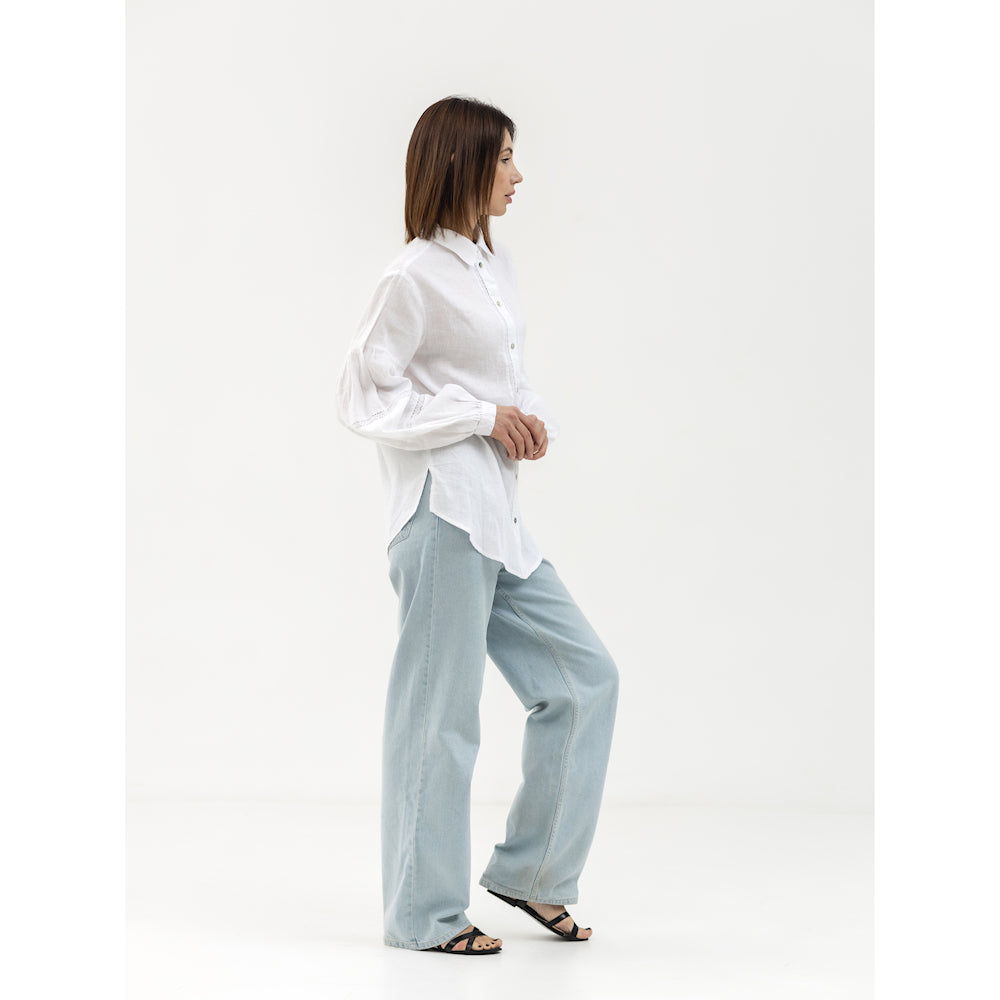 Linen Shirt - White with Lace - Stonewashed - Luxury Thin Linen