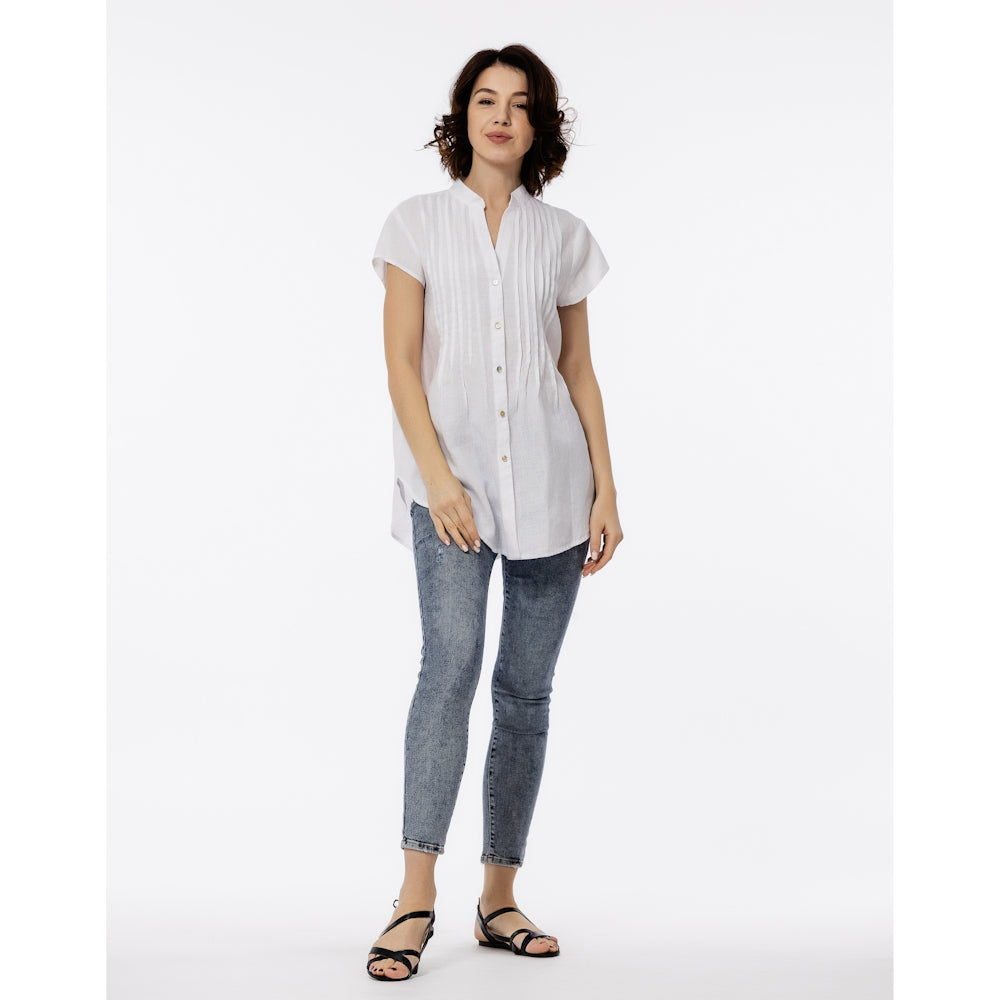 Linen Top - White with Tucks - Stonewashed - Luxury Thin Linen