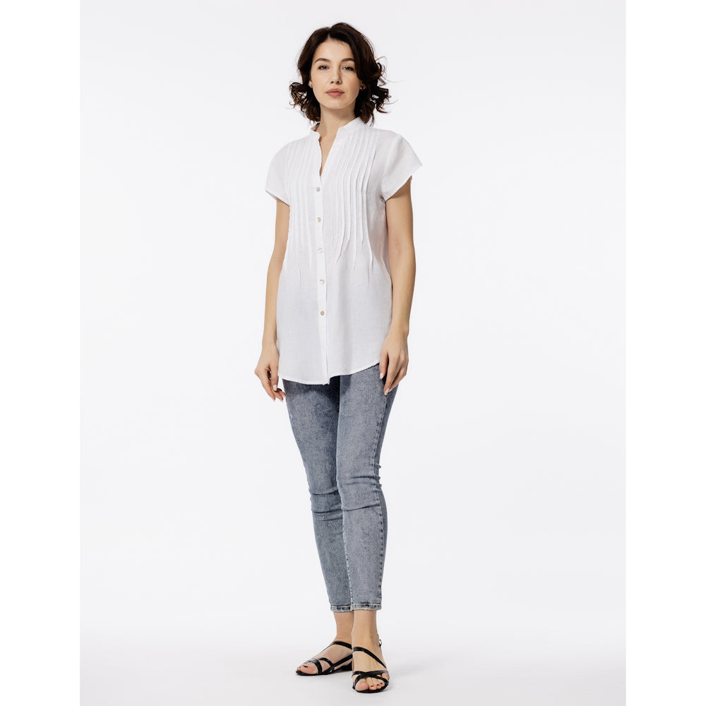 Linen Top - White with Tucks - Stonewashed - Luxury Thin Linen