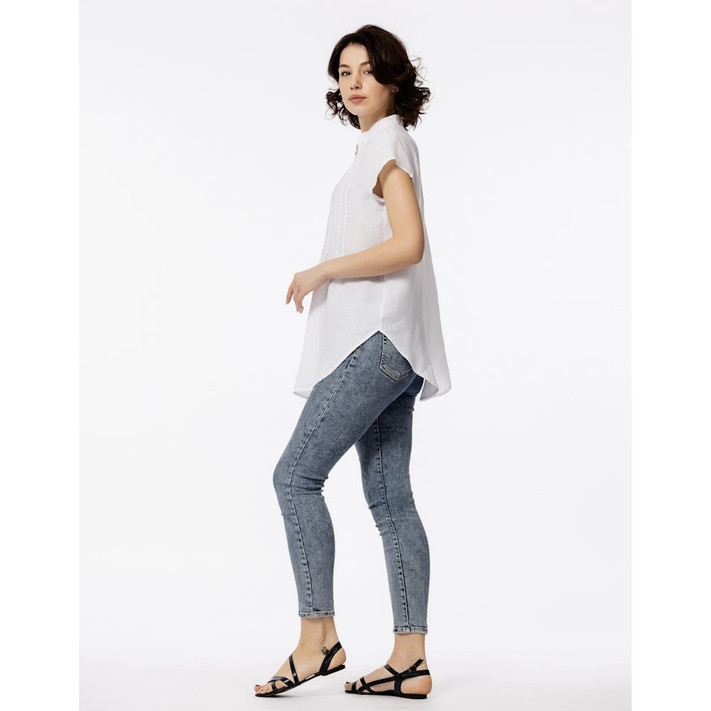 Linen Top - White with Tucks - Stonewashed - Luxury Thin Linen