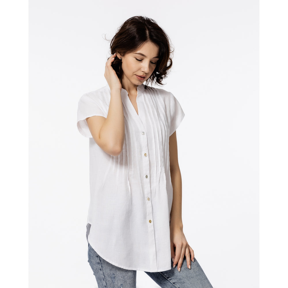 Linen Top - White with Tucks - Stonewashed - Luxury Thin Linen