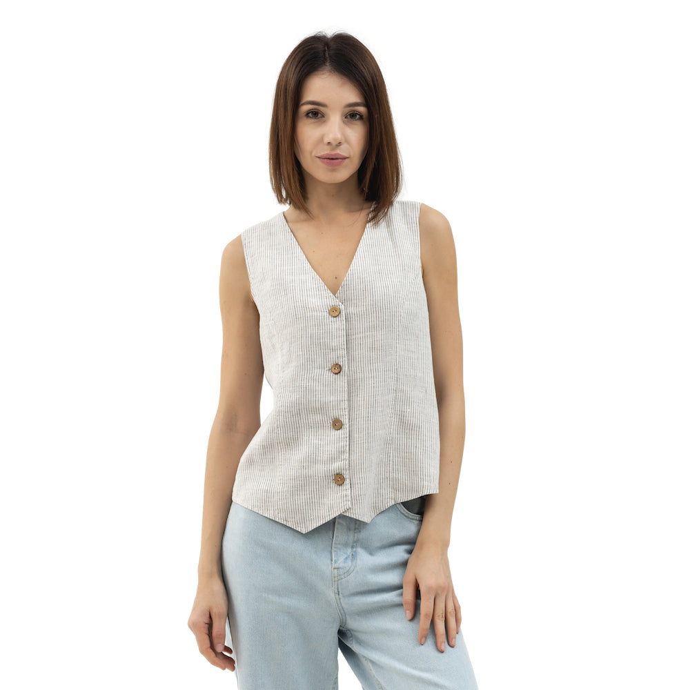 Linen Vest - Grey White Pinstripes - Stonewashed - Meduim Thick Linen