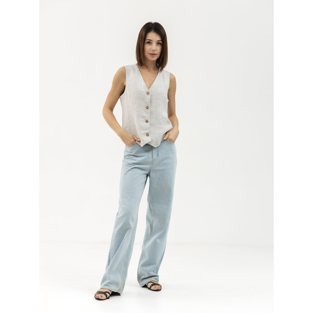 Linen Vest - Grey White Pinstripes - Stonewashed - Meduim Thick Linen