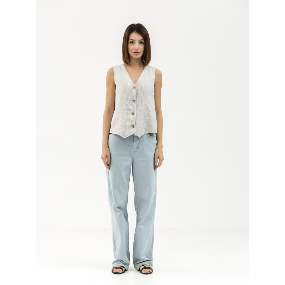 Linen Vest - Grey White Pinstripes - Stonewashed - Meduim Thick Linen