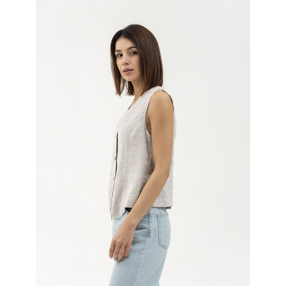 Linen Vest - Grey White Pinstripes - Stonewashed - Meduim Thick Linen