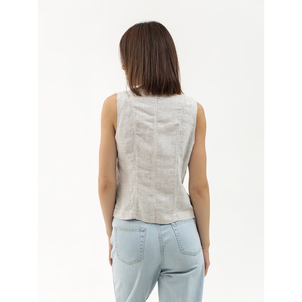 Linen Vest - Grey White Pinstripes - Stonewashed - Meduim Thick Linen