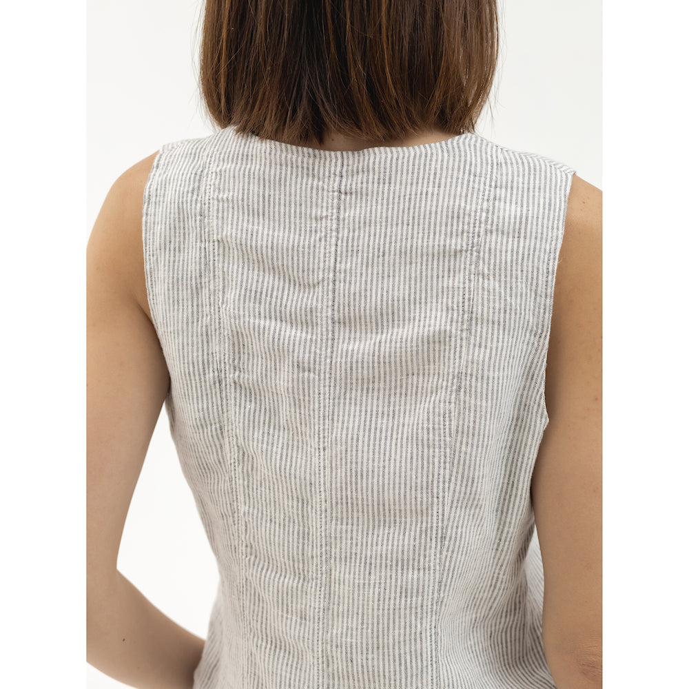 Linen Vest - Grey White Pinstripes - Stonewashed - Meduim Thick Linen